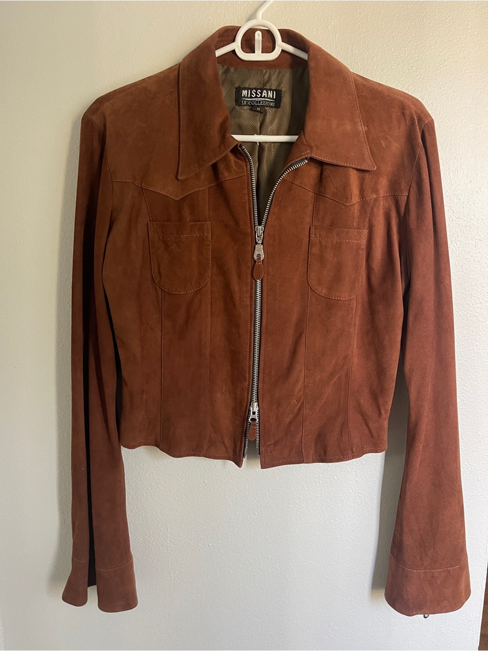 Suede Dual Zip-Front Jacket in chestnut